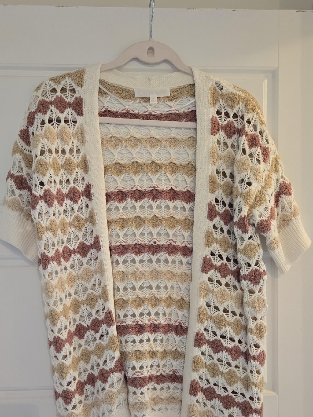 Adyson Parker Open-Knit Short Sleeve Cardigan - Cream, Tan & Pink